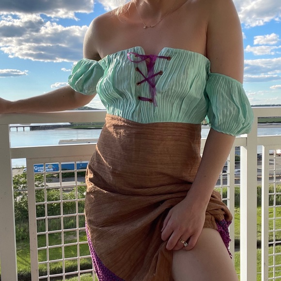 Vintage Corset Dress Puff Sleeve Color-block Midi - Picture 5 of 7